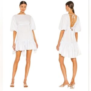 LPA Sz M Lani Dress White Ruffle High Low Open Back Balloon Sleeve Cotton Poplin
